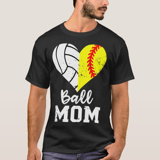 Ball Mom Heart Funny Softball Volleyball Mom T-Shirt (Front)