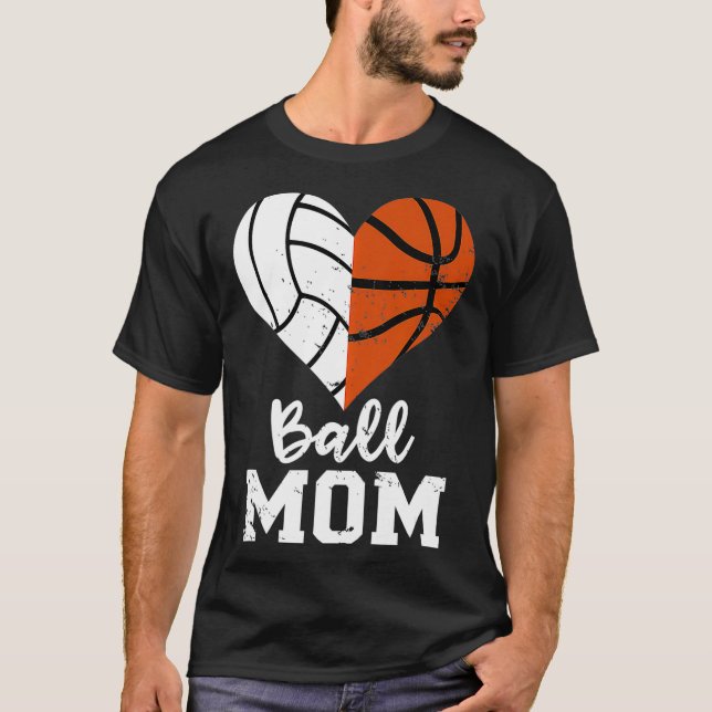 Ball Mom Heart Funny Volleyball Basketball Mom T-Shirt (Front)