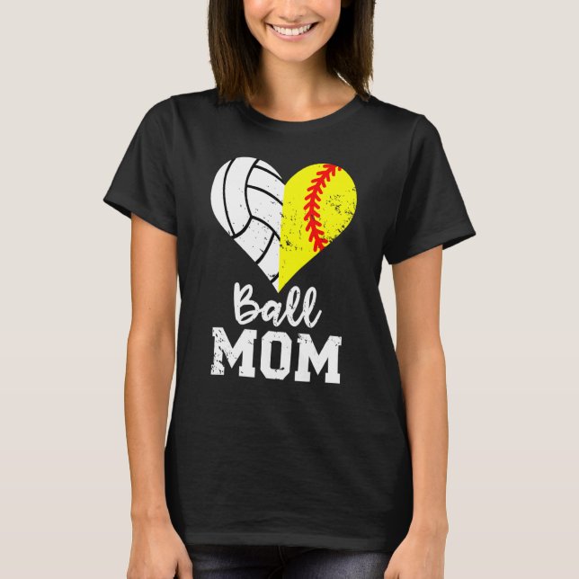 Ball Mom Heart  Softball Volleyball Mom T-Shirt (Front)