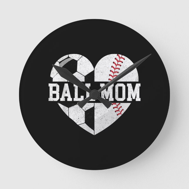 Ball Mom Shirt Heart Funny Baseball Soccer Mom Round Clock (Front)