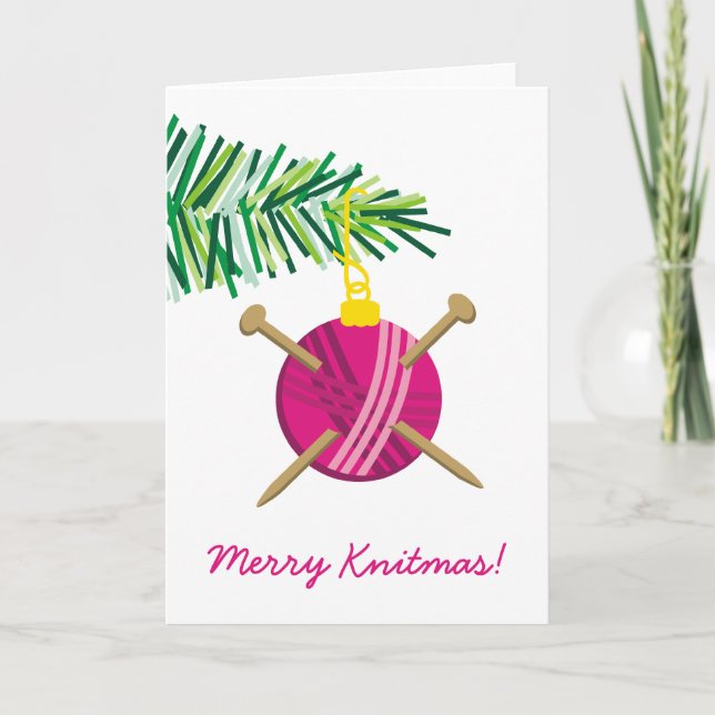 Ball of yarn knitting needles Christmas holiday Card (Front)