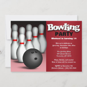 Ball & Pins Red Bowling Birthday Party Invitation