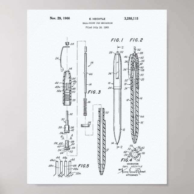 Ball Point Pen 1966 Patent Art White Paper Poster (Front)