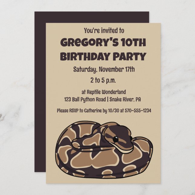 Ball Python Snake, Brown and Tan Personalized Invitation (Front/Back)
