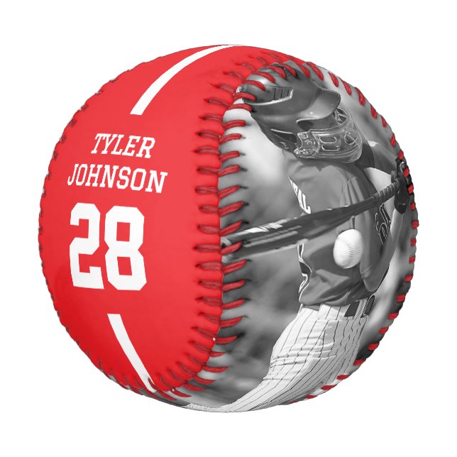 Balle De Baseball Custom Player Team Logo 2 Photo Red (Angle)