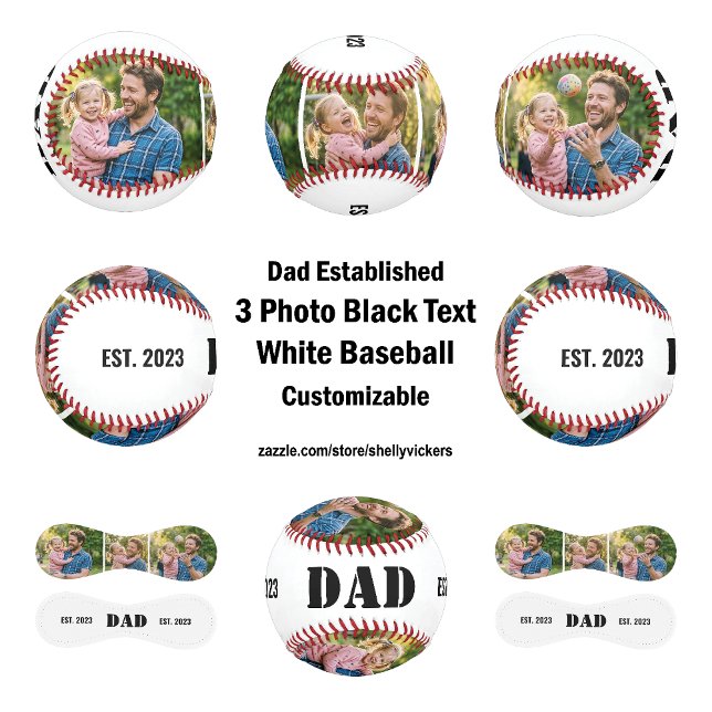 Balle De Baseball Dad Established 3 photo Black Text White  (Dad Established 3 photo Bold Black Text on a White  Baseball  Customize the text, year and photos)