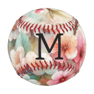 Balle De Baseball Floral watercolor monogram pink cherry blossoms 