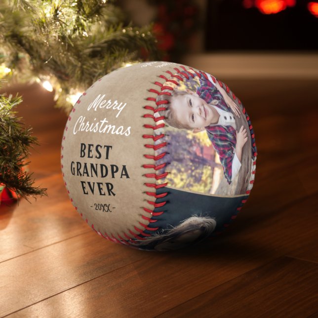 Balle De Baseball Grand-père rustique Grandkids 3 Photos Joyeux Noël (Créateur téléchargé)