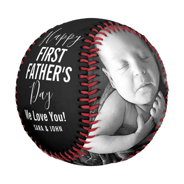 Balle De Baseball Joyeux Fête du Père Noir Baby 2 Photos Nom (Angle)