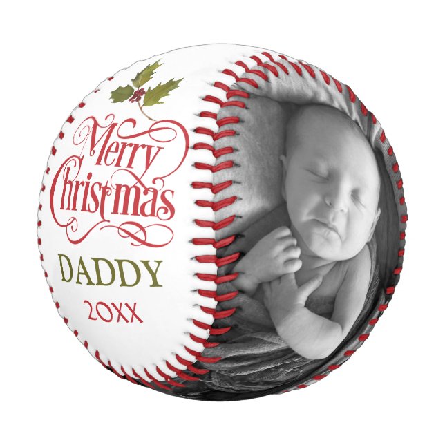 Balle De Baseball Joyeux Noël Papa Rouge Vert Typographie Photo (Angle)