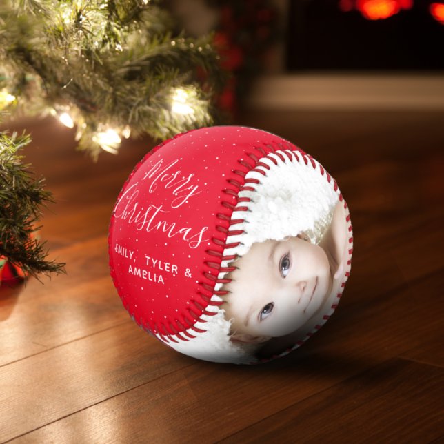 Balle De Baseball Joyeux Noël Rouge Script Famille Photo Collage (Créateur téléchargé)