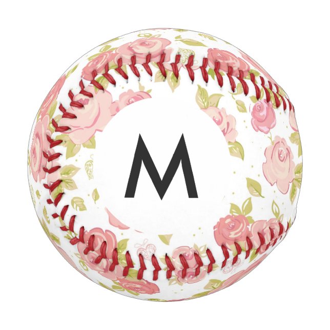 Balle De Baseball Monogramme Elégante rose roses 3 (Devant Gauche)