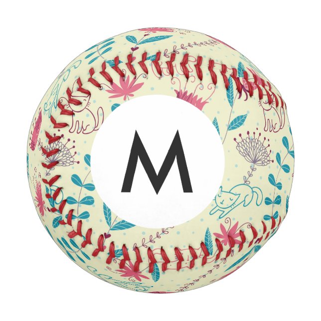 Balle De Baseball Monogramme Motif floral avec chats de dessin animé (Devant Gauche)
