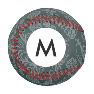 Balle De Baseball Monogramme Papier peint vert fleuri damassé