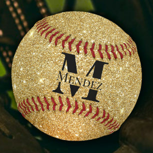 Balle De Baseball Noir monogrammé et Parties scintillant d'or 14K B