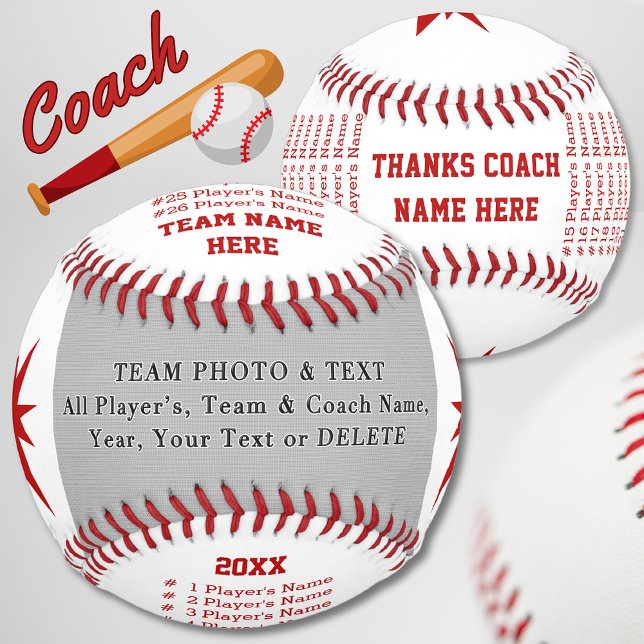 Balle De Baseball Photo Cadeaux de baseball personnalisés pour entra (Best gifts for baseball coaches. Personalized baseball coach gifts. Red and White Baseball, Photo.)