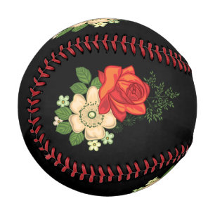 Balle De Baseball Rose rouge et marguerites Arrière - plan noir