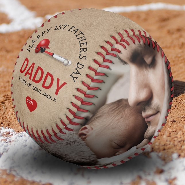 Balle De Baseball Rustic 1ère Fête des pères 2 Photo Cadeau Baseball (Créateur téléchargé)