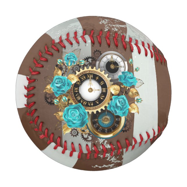 Balle De Baseball Steampunk Clock and Turquoise Roses on Striped (Devant Gauche)
