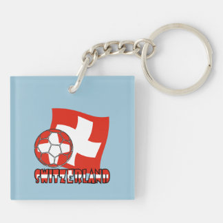 Balle de football Drapeau Suisse Fond Bleu Carré