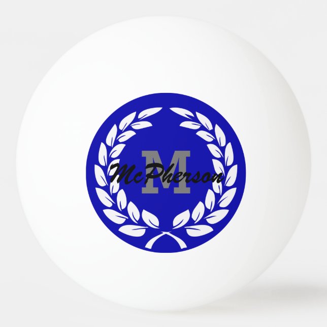 Balle De Ping Pong Bleu royal avec couronne victorieuse et monogramme (Devant)