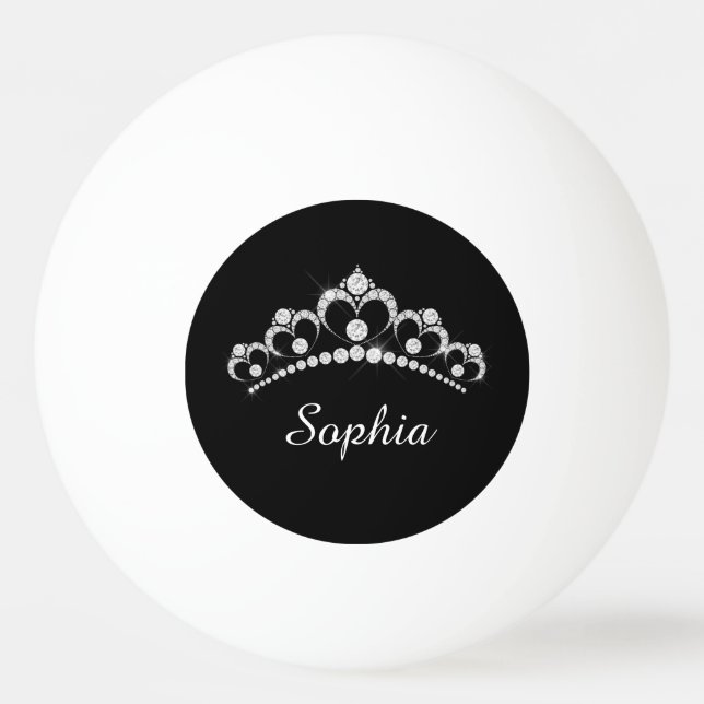 Balle De Ping Pong Couronne diamant blanc et nom de script, noir (Devant)