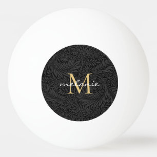 Balle De Ping Pong Élégant BlacK Floral Gold Script Monogramme