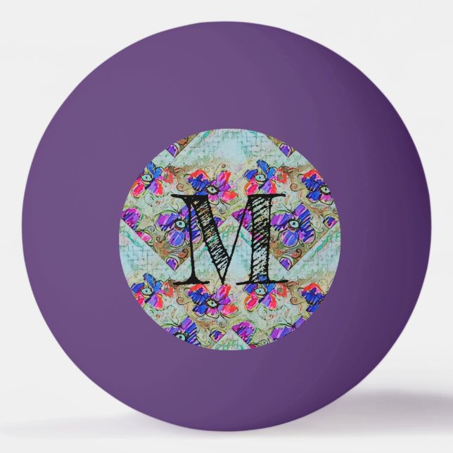 Balle De Ping Pong Fleurs violettes et bleues Carrés Zigzags (Devant)