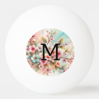 Balle De Ping Pong Floral watercolor monogram pink cherry blossoms 