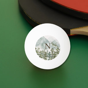 Balle De Ping Pong Forêt à monogramme et montagnes Nature Aquarelle
