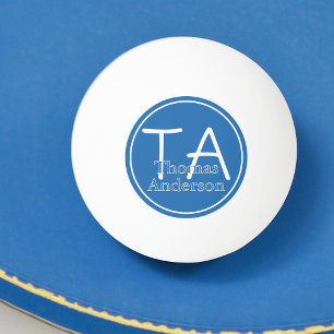 Balle De Ping Pong Initiales et nom modernes en blanc et bleu