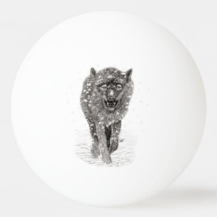 Balle De Ping Pong Loup noir en colère dans la neige, hiver sauvage