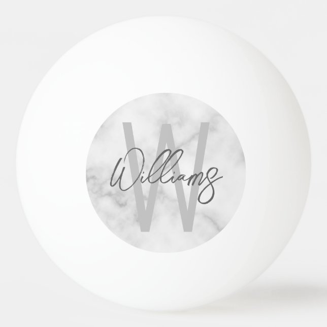 Balle De Ping Pong Marbre blanc Script Monogramme personnalisé et nom (Devant)