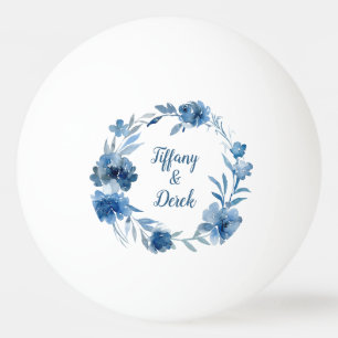 Balle De Ping Pong Mariage floral à aquarelle bleue