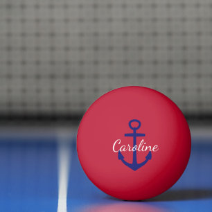 Balle De Ping Pong Monogramme d'Ancre bleu et blanc nautique sur roug