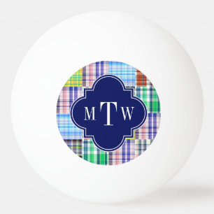 Balle De Ping Pong Preppy Patchwork Madras Navy Quatrefoil Monogramme