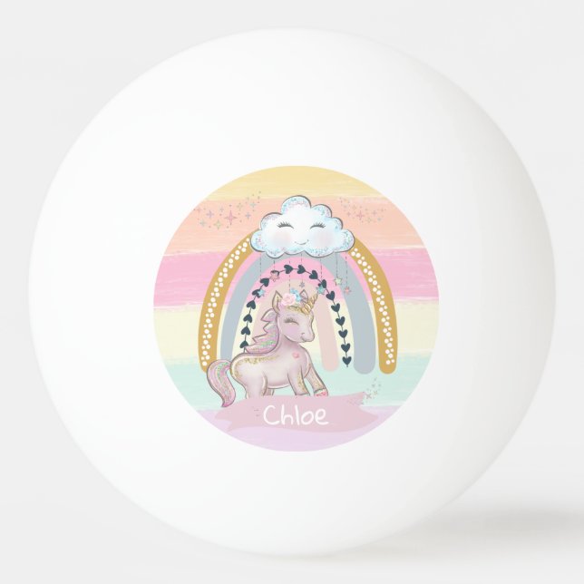 Balle De Ping Pong 🦄 Rainbow Unicorn Girl Nom personnalisé (Devant)
