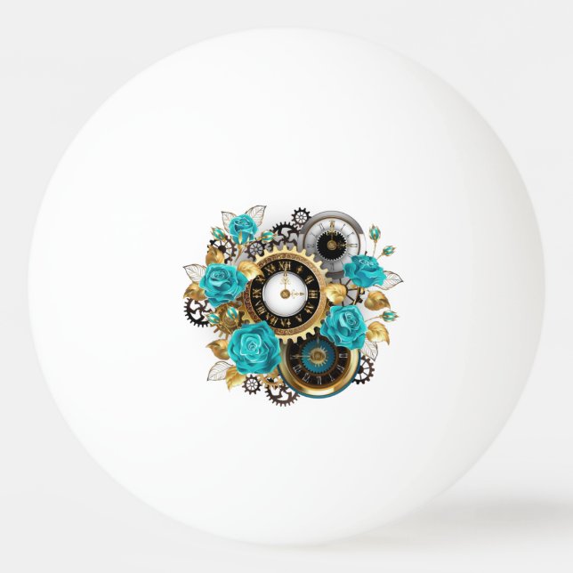 Balle De Ping Pong Steampunk Clock and Turquoise Roses on Striped (Devant)