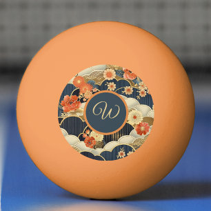 Balle De Ping Pong Style Japonais Rétro Floral Turquoise Nuages Initi