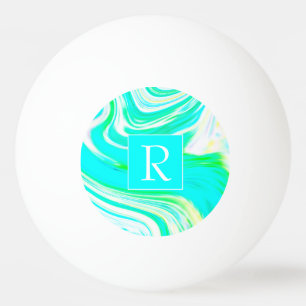 Balle De Ping Pong Turquoise Bleu Blanc Jaune Vagues Monogrammes Abst