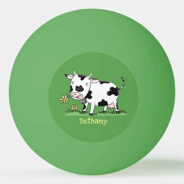Balle De Ping Pong Vache mignonne en vert dessin animé sur le terrain (Devant)