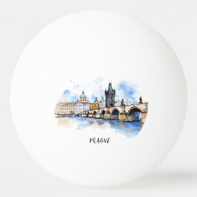 Balle De Ping Pong Vieux Prague, aquarelle du pont Charles (Devant)