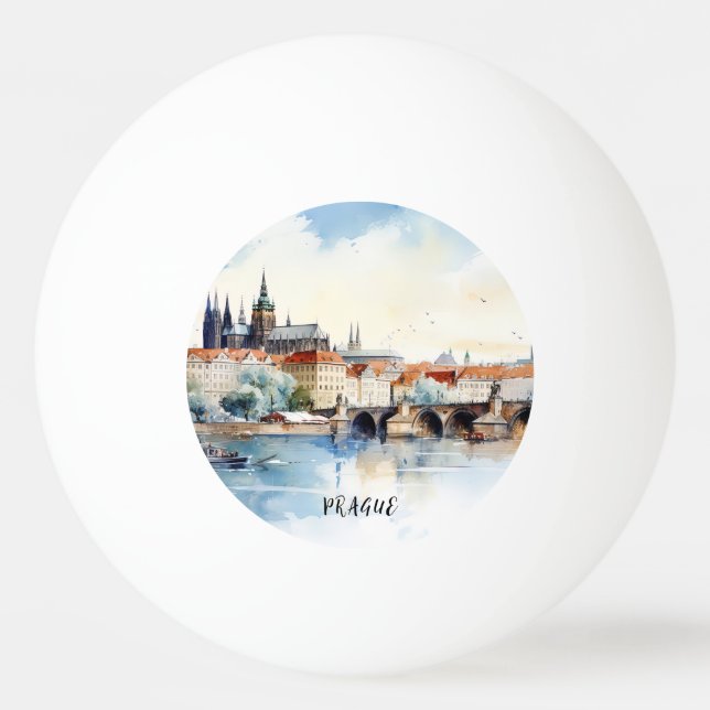 Balle De Ping Pong Vieux Prague, aquarelle du pont Charles (Devant)