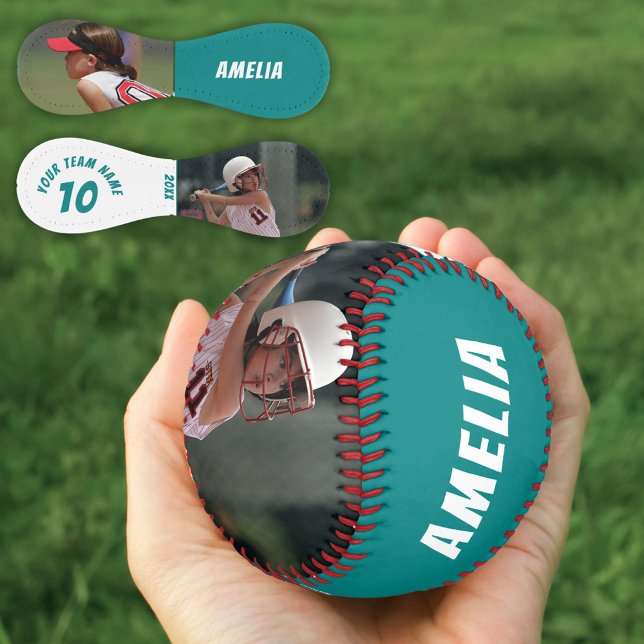 Balle De Softball 2 Photo Softball Teal Numéro du Joueur Nom de l'Éq (Créateur téléchargé)