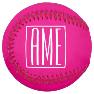 Balle De Softball 3 Initiales Monogramme Blanc sur rose chaud