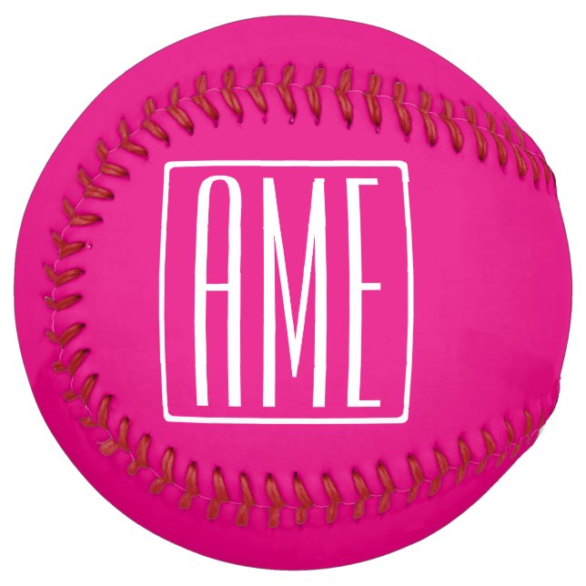 Balle De Softball 3 Initiales Monogramme | Blanc sur rose chaud (Devant gauche)