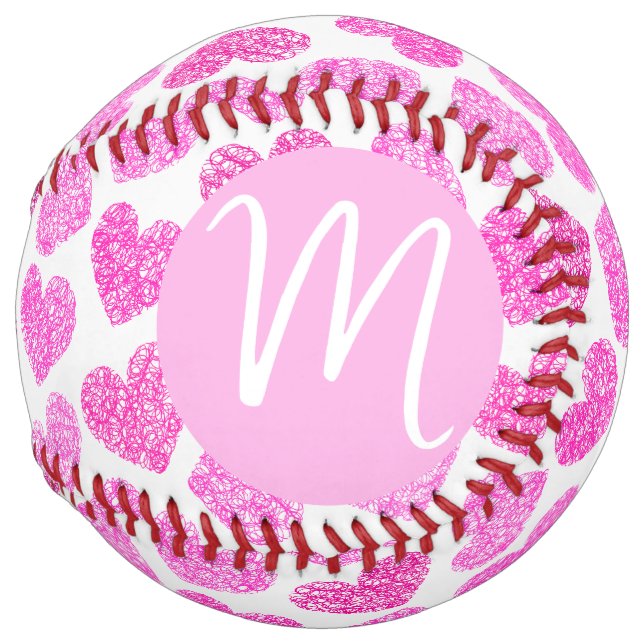 Balle De Softball Coeur rose mignon Doodled Saint Valentin Monogramm (Devant droit)