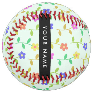 Balle De Softball Fleurs Colorées, Fond Vert Clair, Noir
