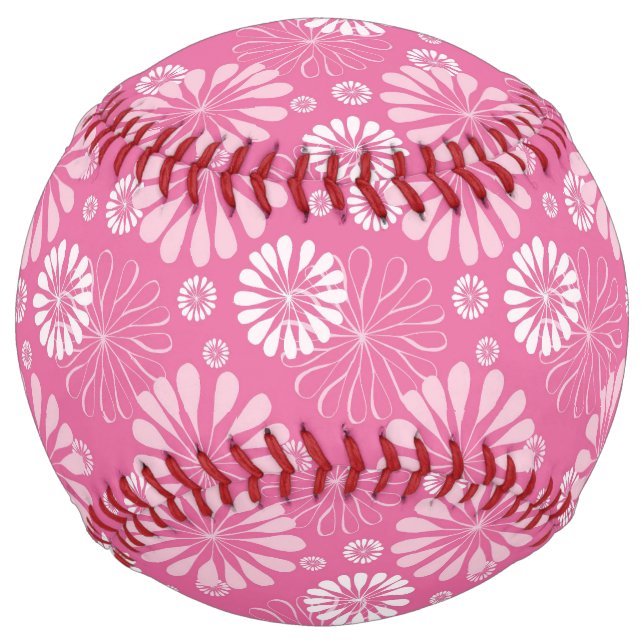 Balle De Softball Impression florale rétro rose et blanc (Devant)