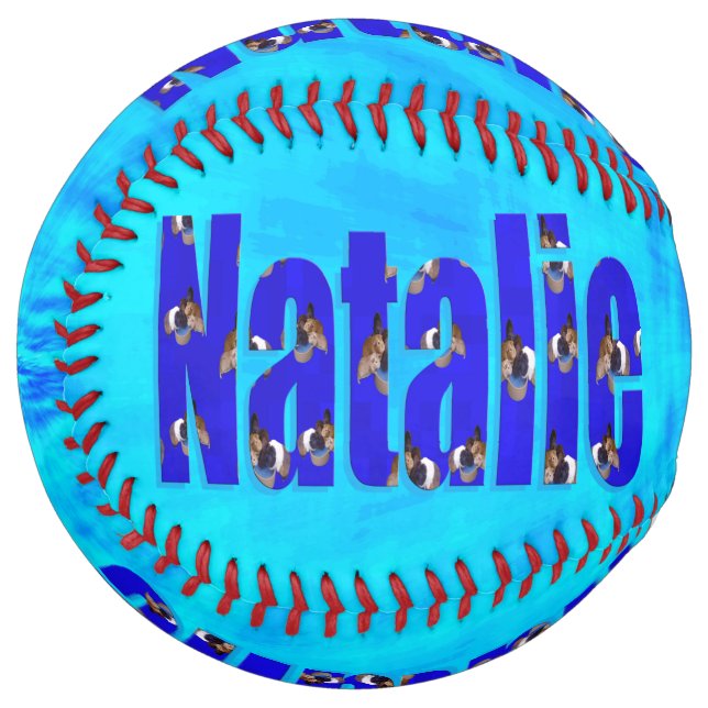 Balle De Softball Logo Natalie Name Sur Blue, (Devant gauche)